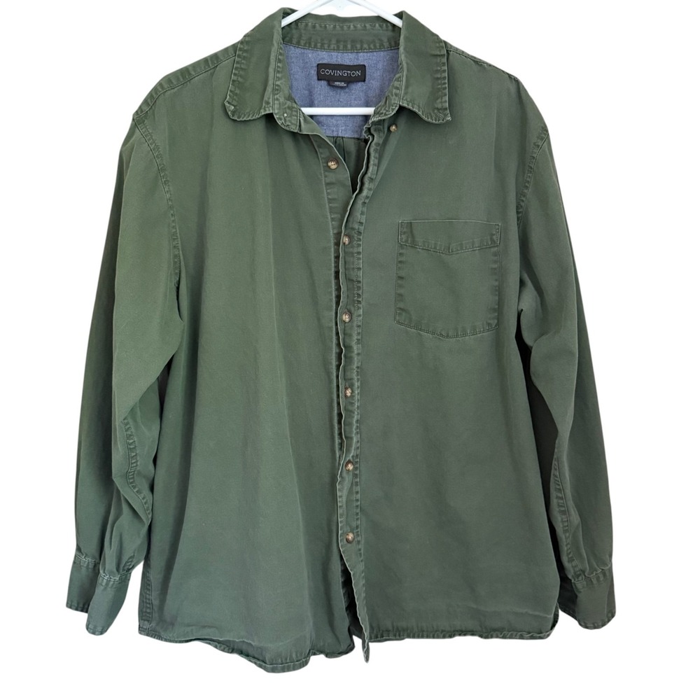 Covington Men Utility Button Shirt XL Green Heavyweight Cotton Workwear Outdoors